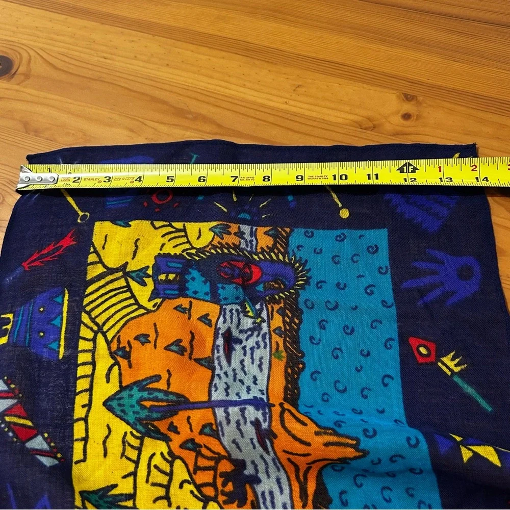 Colorful Novelty Print Scarf Teepee Indian Landscape Canoes Red Blue Multi 14x50
